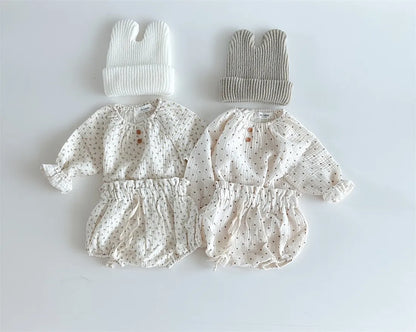 2024 Spring Newborn Floral Print Cotton Long Sleeve Tops+Shorts 2pcs Boy Girl Baby Loose Dots T-shirt Set Thin Infant Tees Suit