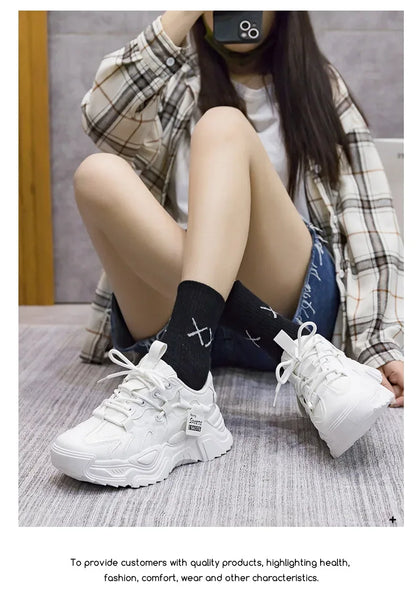 Women's Shoes Platform Autumn Leather 2025 New Versatile Black Casual Sneaker Solid Color Lace-up Vulcanize Shoes Tenis Feminino