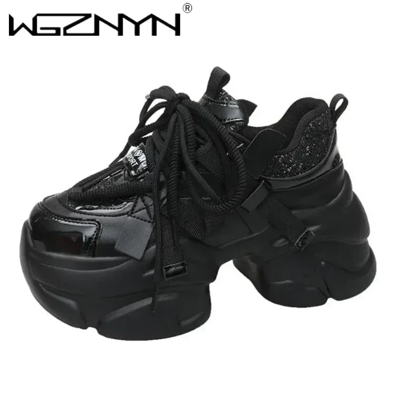 8CM Women Bling Red Chunky Sneakers Winter High Platform Warm Fur Shoes Ladies Wedges Casual Dad Shoes Leather Sports Sneakers