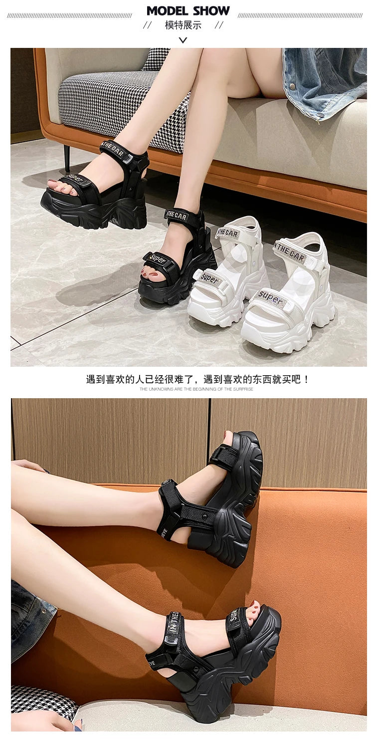 New Summer Black Women High Platform Sandals 11CM Wedge Heels Bling Slippers Peep Toe High Heels White Leather Chunky Flip-Flops