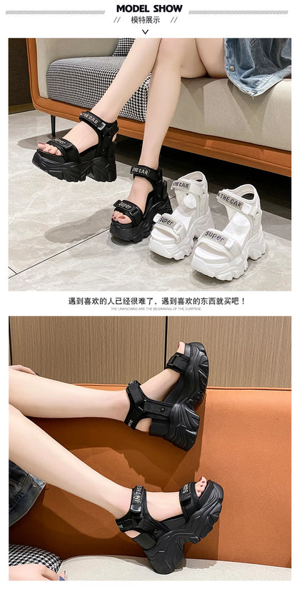 New Summer Black Women High Platform Sandals 11CM Wedge Heels Bling Slippers Peep Toe High Heels White Leather Chunky Flip-Flops