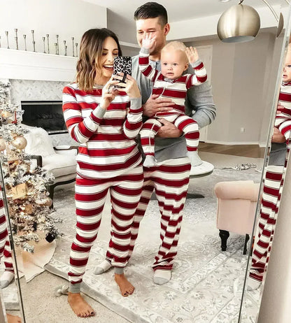 Merry Christmas 2025 Mother Father Kids Matching Pajamas Set Striped Casual Loose Pyjamas Xmas Family Look Holiday Wear Pjs Gift