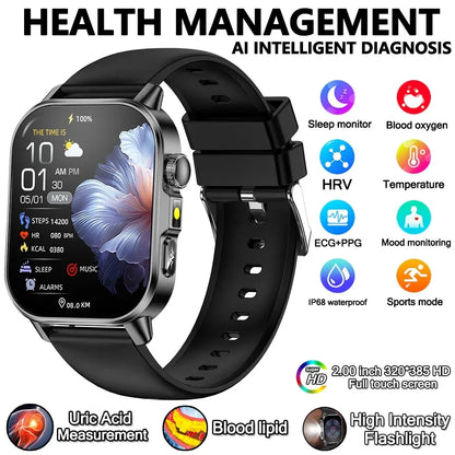 2026 New Model Uric Acid & Lipid Health Analysis Smart Watch Men ECG+PPG Bluetooth Call 2.01-inch Flashlight Smartwatch Women