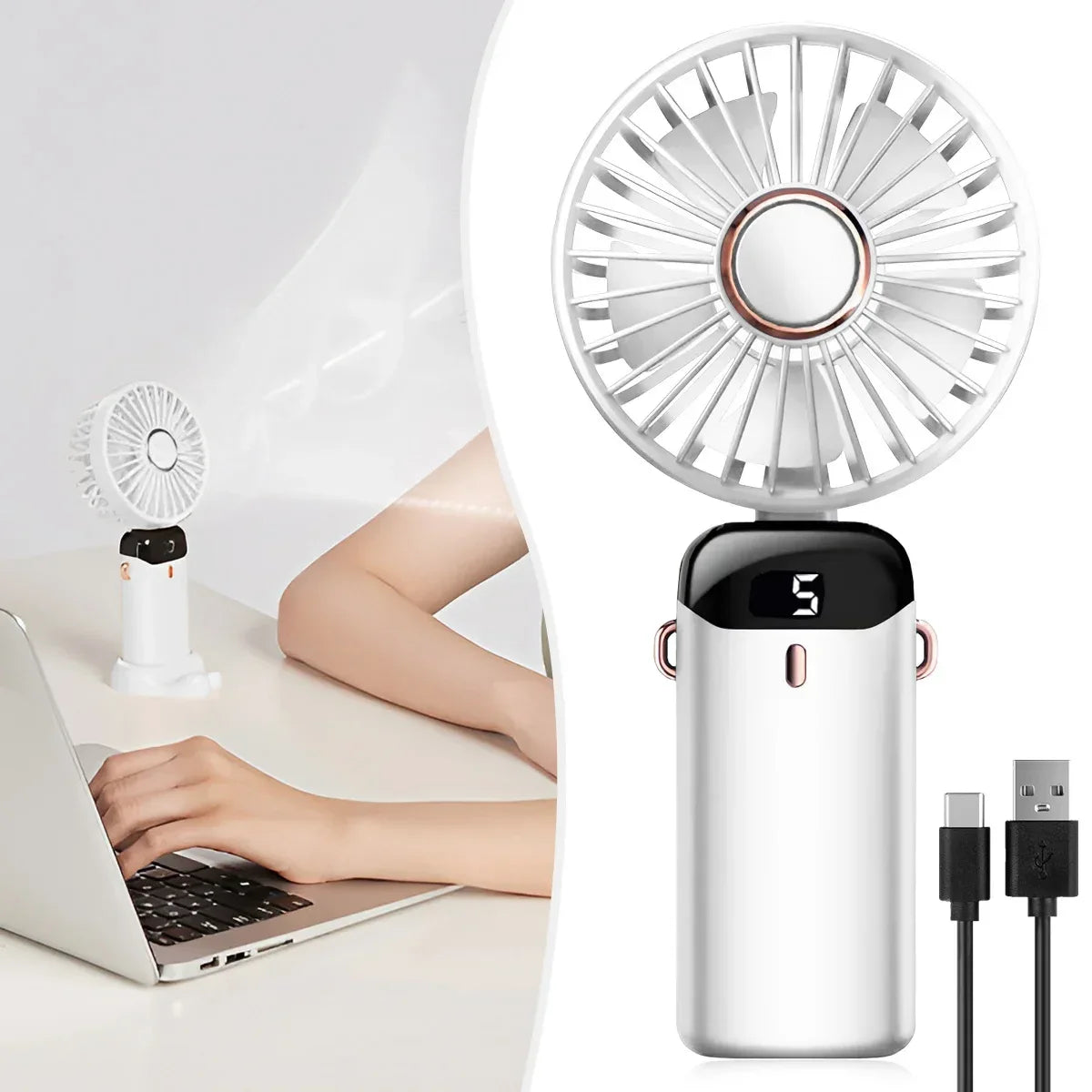 Handheld Mini Fan Foldable Portable USB Charging Neck Fan 1200mAh 5 Speed Settings  Suitable for Home and Outdoor Use