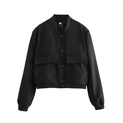 EDSA Woman Bomber Jacket White Autumn Winter Button Cropped Jackets for Women Fashion Long Sleeve Crop Outerwear