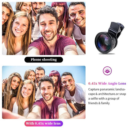 Professional 2 in 1 Lens Universal Clip 37mm Cell Phone Lens 0.45x 49uv Super Wide Angle + Macro HD Lens for All Smartphones