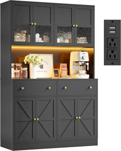 71 Inch Pantry with LED Light and Charging Station, Farmhouse Kitchen Pantry with Microwave Mount, 47.2 Inch Wide Kitchen Pantry