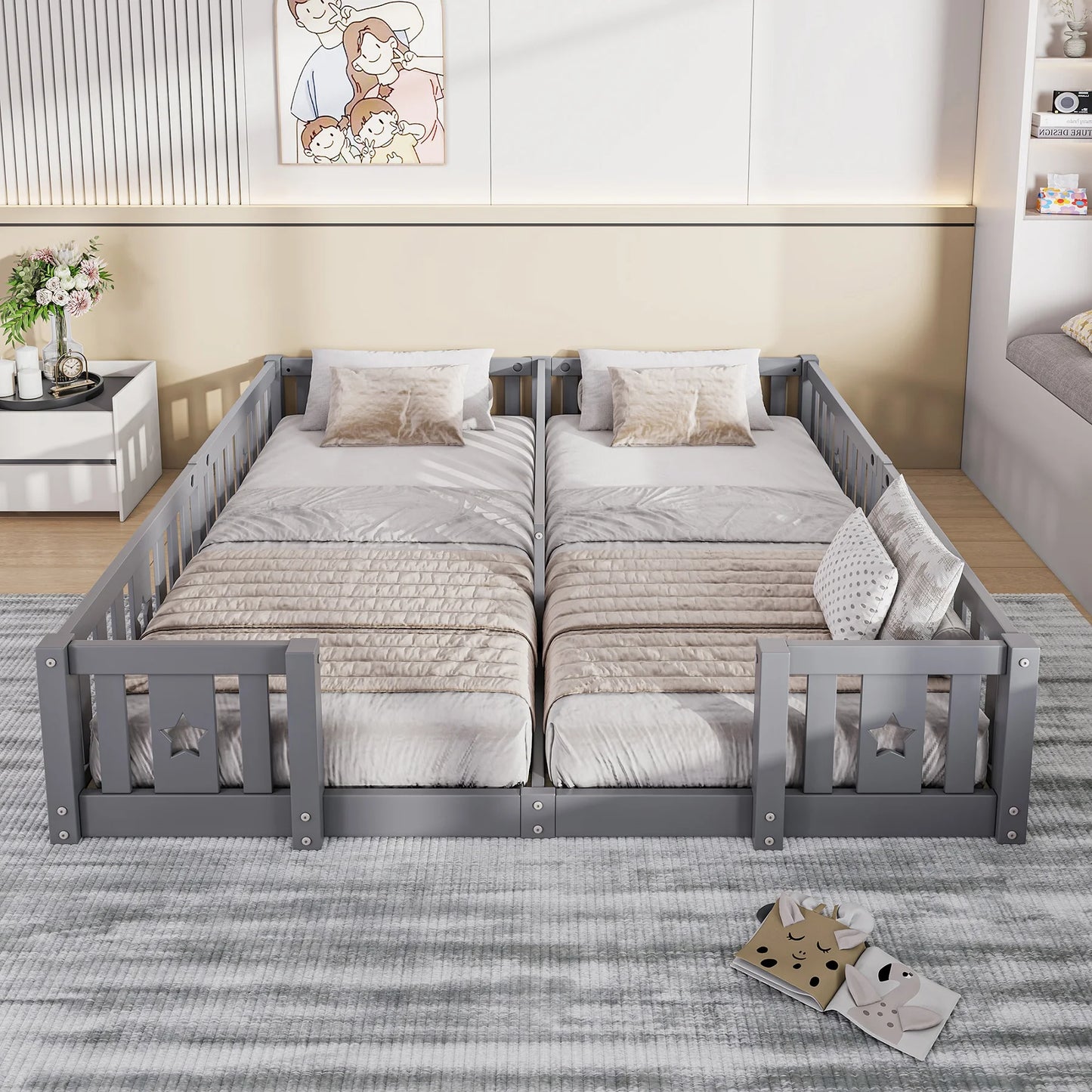 Rosahqnda Children's Bed Floor Bed 90x200cm with Railing Gate,Pine Wooden Bed for Families with 2 Children,Children's Twin Bed