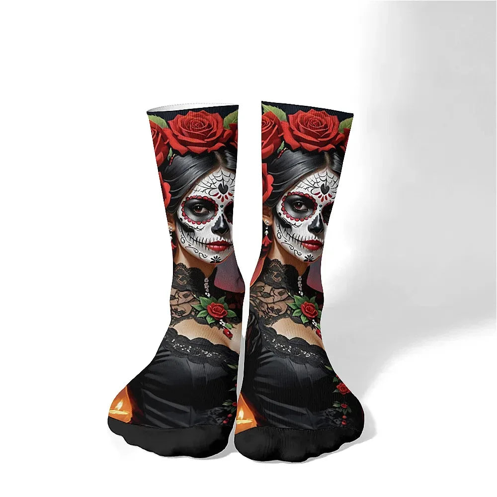 Mens Art Day of the Dead Themed Socks Mexican Grim Reaper Vintage Floral Design Soft Breathable Crew Socks Novelty Holiday Gift