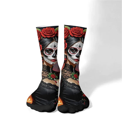 Mens Art Day of the Dead Themed Socks Mexican Grim Reaper Vintage Floral Design Soft Breathable Crew Socks Novelty Holiday Gift