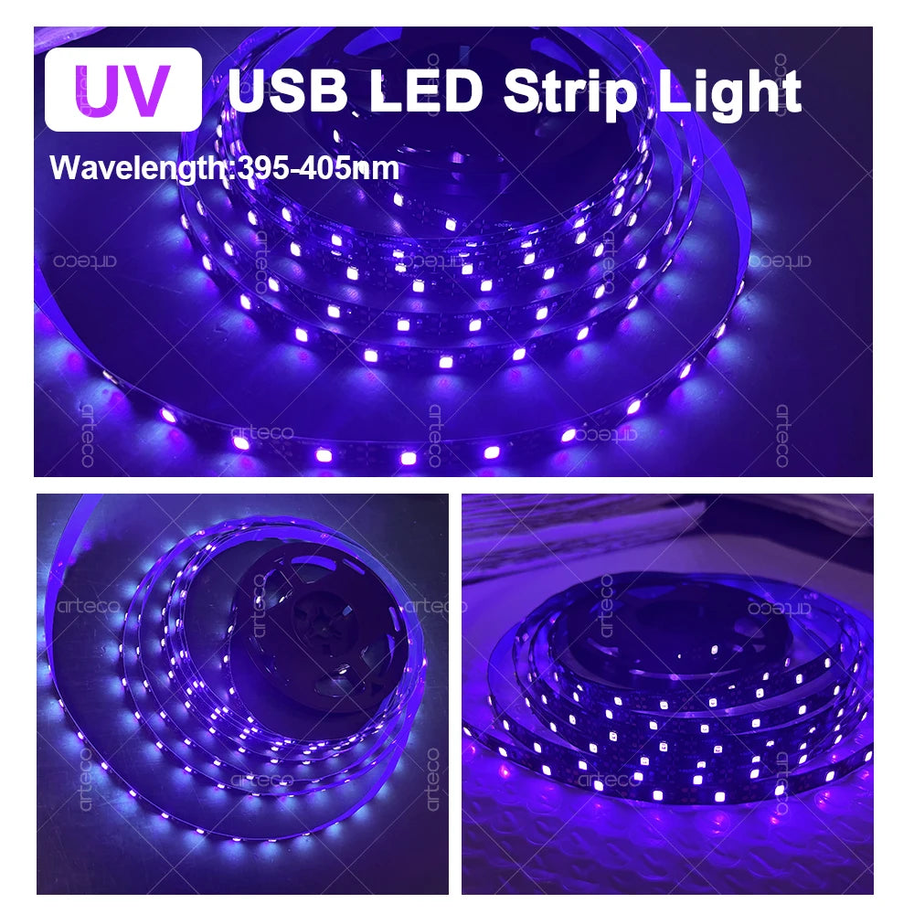 UV LED Black Light Strip USB LED Strip Tape 395-405nm Ultraviolet Light For Glow Party Bedroom UV Lamp Fluorescent Poster Body