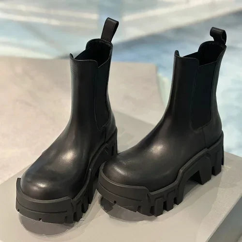 Retro Chelsea Mid-Calf for Women 2024 New round Toe Muffin Gear Platform Black Mid-Calf Length Motorcycle Boots