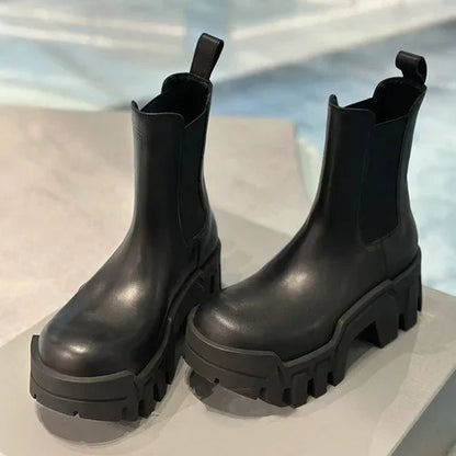 Retro Chelsea Mid-Calf for Women 2024 New round Toe Muffin Gear Platform Black Mid-Calf Length Motorcycle Boots