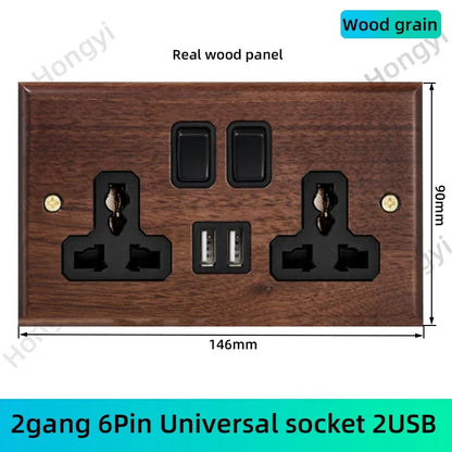 Black walnut retro European retro wall lamp switch socket, solid wood brass toggle switch board 1-4Gang 2Way antique home switch