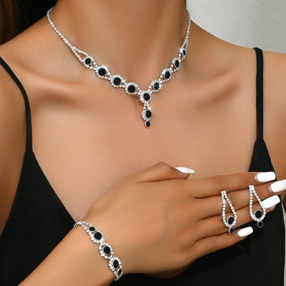 4PCS Fashion Elegant Crystal Jewelry Sets for Women Rhinestones Necklace Ring Earrings Bridal Wedding Party Jewelry Sets