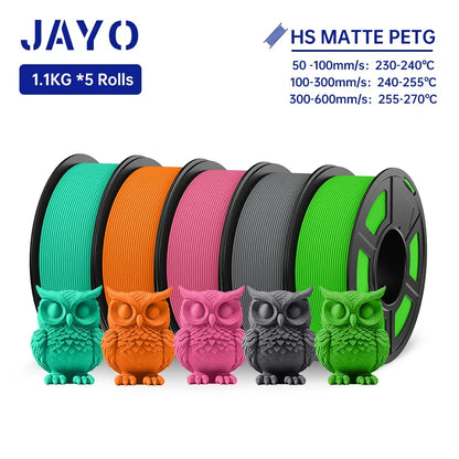 JAYO PETG 3D Filament 1.75MM High Speed PETG 3D Printer Filament 5Rolls High Flow Speedy Matte Effect 3D Printing Mateials