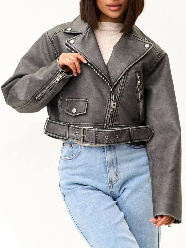 Veste courte ample vintage pour femme Ailegogo en similicuir PU, style vintage, idéale pour le printemps et l'automne. Fermeture éclair et ceinture intégrées. Manteau motard.