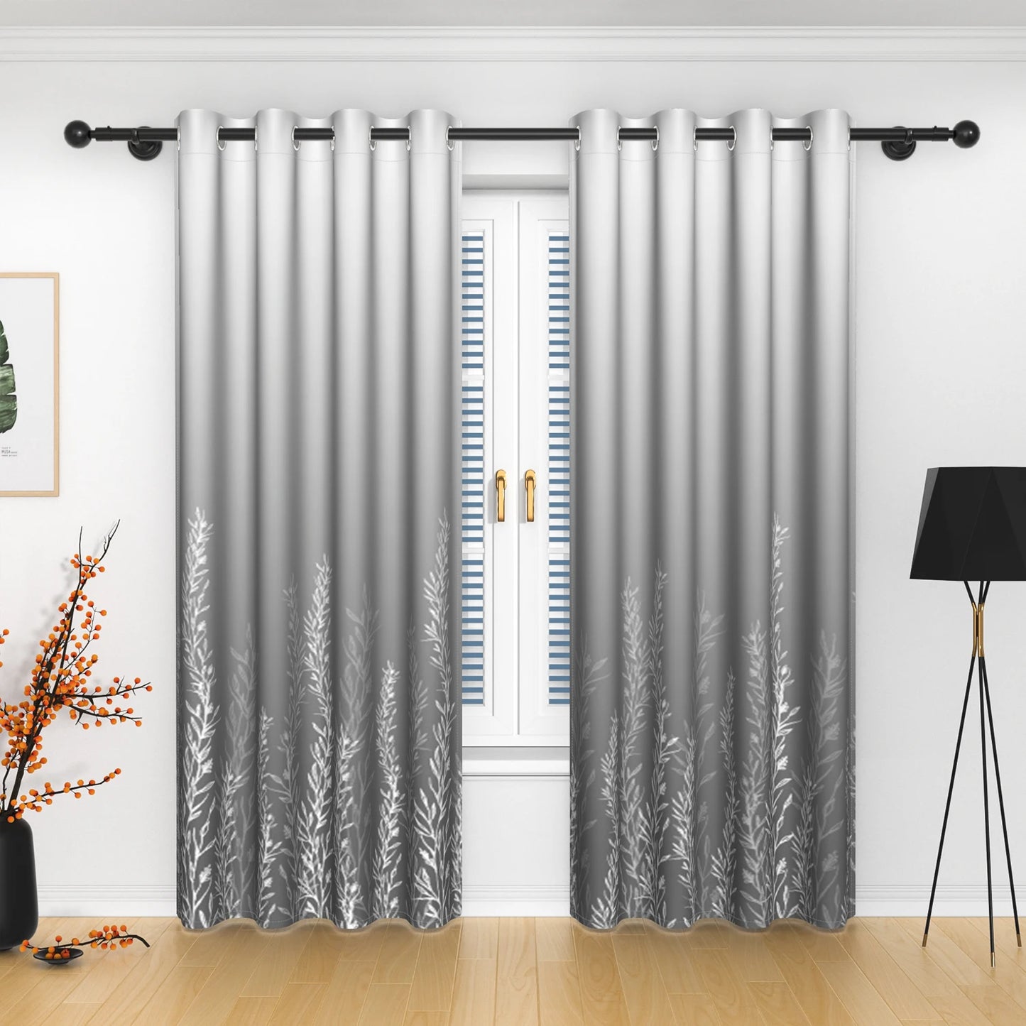 2pcs/set Solid Color Gradient Window curtains Bottom Leaf Print Thermal Insulated Polyester Bedroom Living Room Blackout Curtain