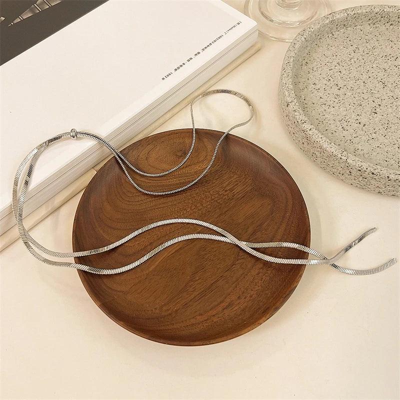 316L Stainless Steel New Fashion Fine Jewelry 134cm Pull Adjusting Charm Flat Snake Chain Choker Necklaces Pendants For Women
