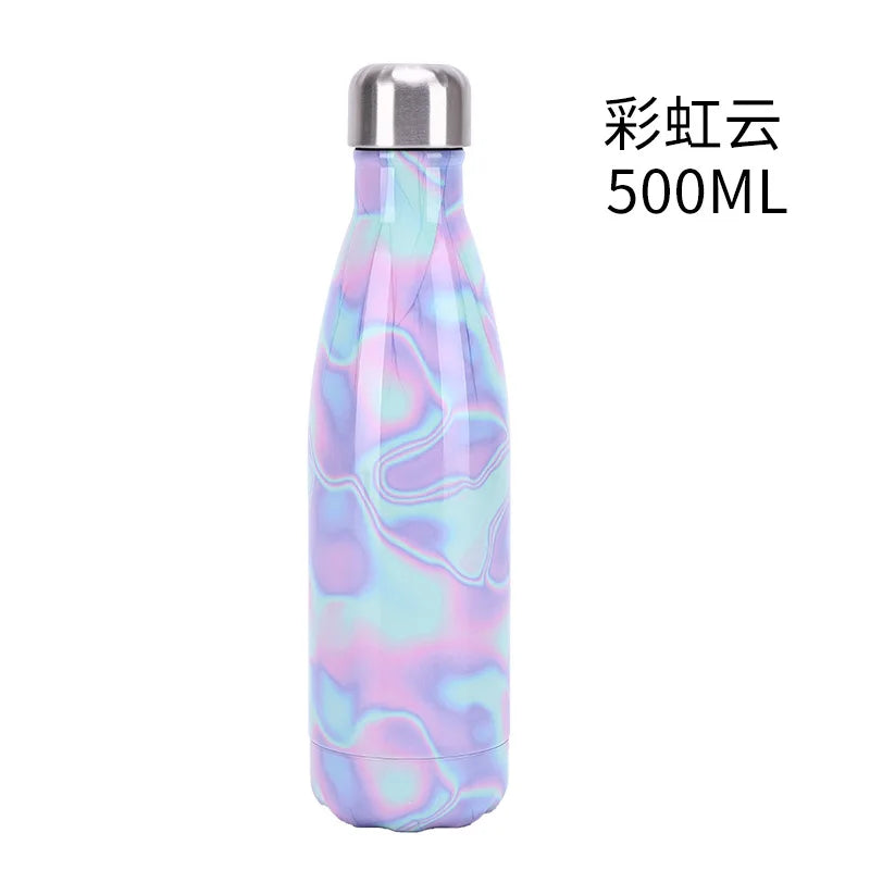 500ml Cola Shape Insulated Bottle, 304 Stainless Steel Vacuum Flask, Marble/Print Portable Water Bottle