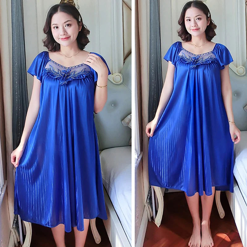 Women's Nightdress Loungewear Ladies Ice Silk Nightgowns Sleeping Dress Medium Length Short Sleeve Home Wear Pyjama Sleepwear