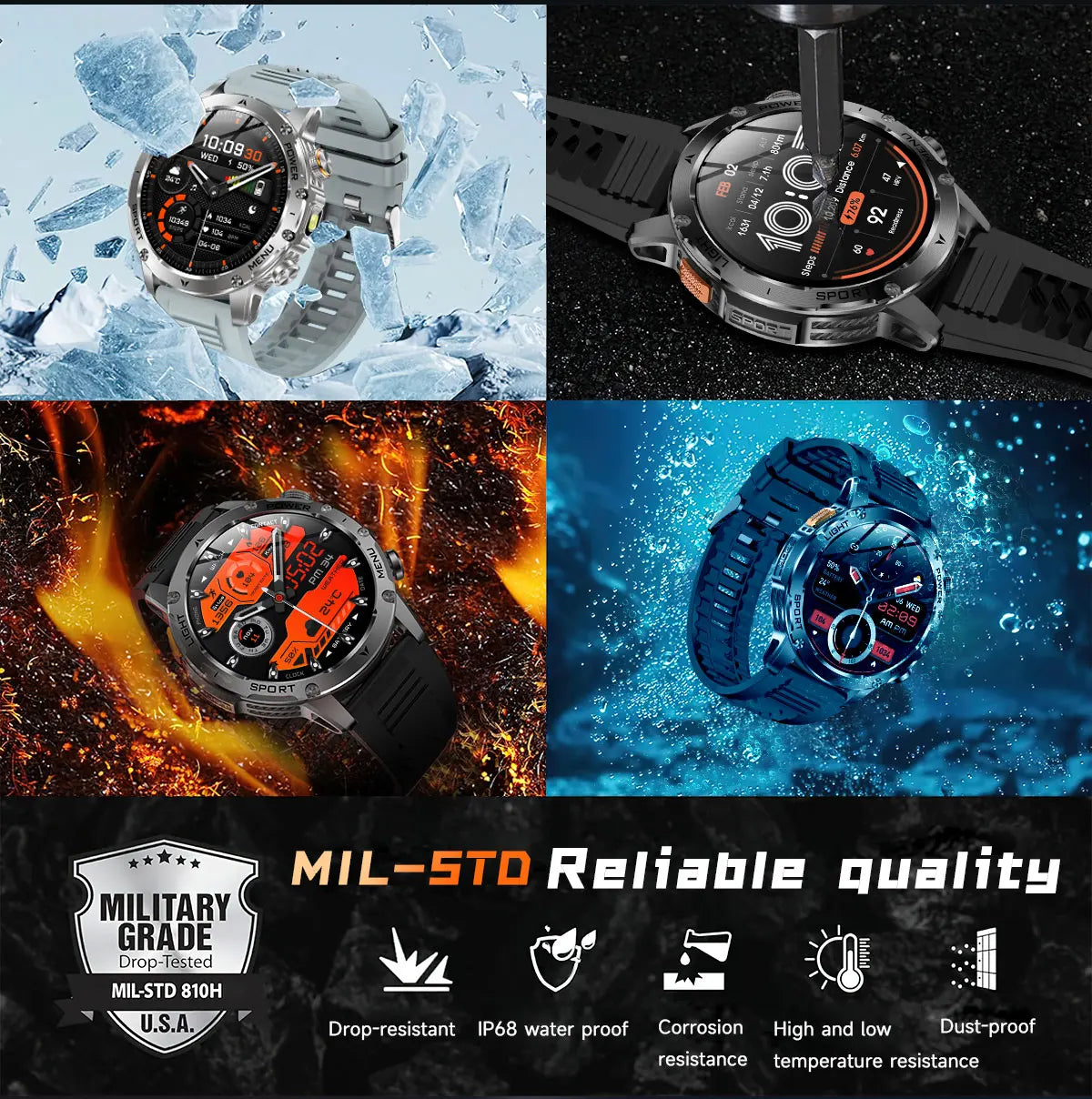 1.7" Large Screen Bluetooth Call Smart Watch Men‘s Sports Outdoor Flashlight 1000mAh Health Monitor Smartwatch for Man Male IP6