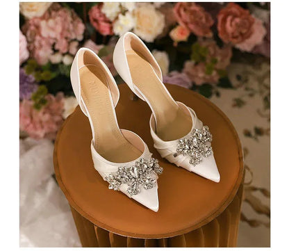 2025 Autumn New White French High Heels Pointy Rhine-Diamond Thin Heel Not Tired Foot Single Shoes Wedding Shoes