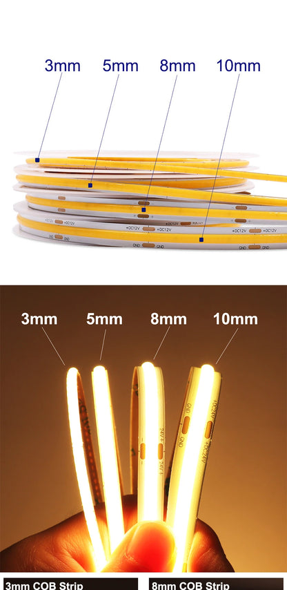 3mm 5mm 8mm COB LED Strip 12V 24V Dimmable Tape LED Ice Blue Yellow Red Green Pink White For Home Decor RA90 LED Strip Lighting