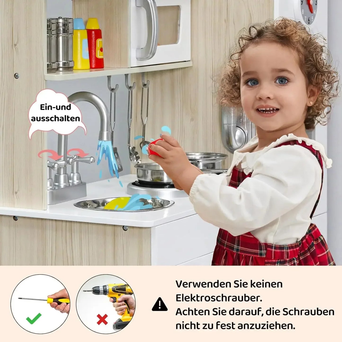 Wooden Play Kitchen Set Pretend Play Kitchen with Lights and Sounds for Kids Ages 3+, Includes Stove Oven Microwave Coffee Maker