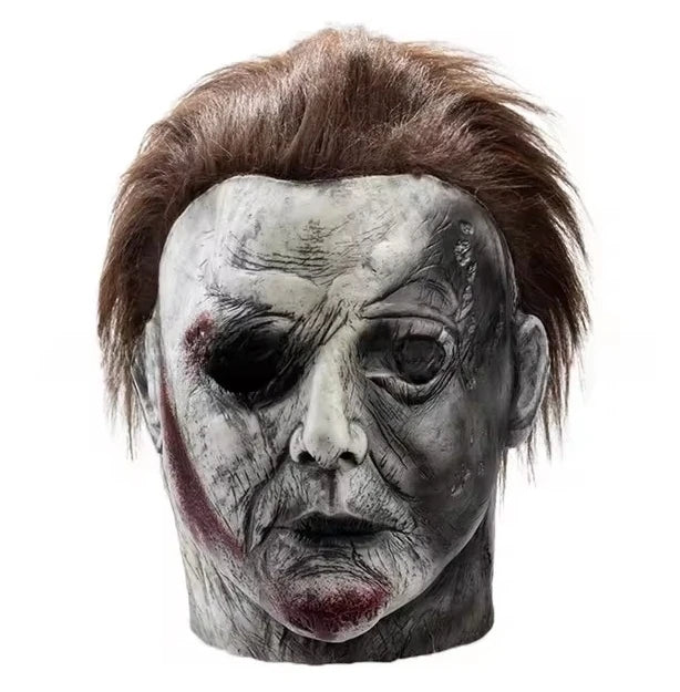 Halloween Michael Myers Mask Scary Killer Full Head Mask Creepy Fire Burn Scar Latex Face Mask Cosplay Costume Party Props Knife