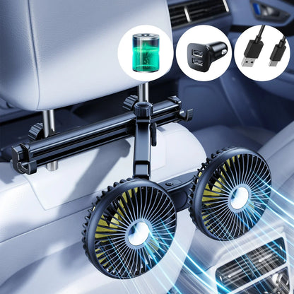 Eary Car Dual Head Fan Mount Back Seat With 3 Wind Speeds 360 Multi-Angle Adjustable Summer Air Cooling Fan With 2 Hidden Hooks
