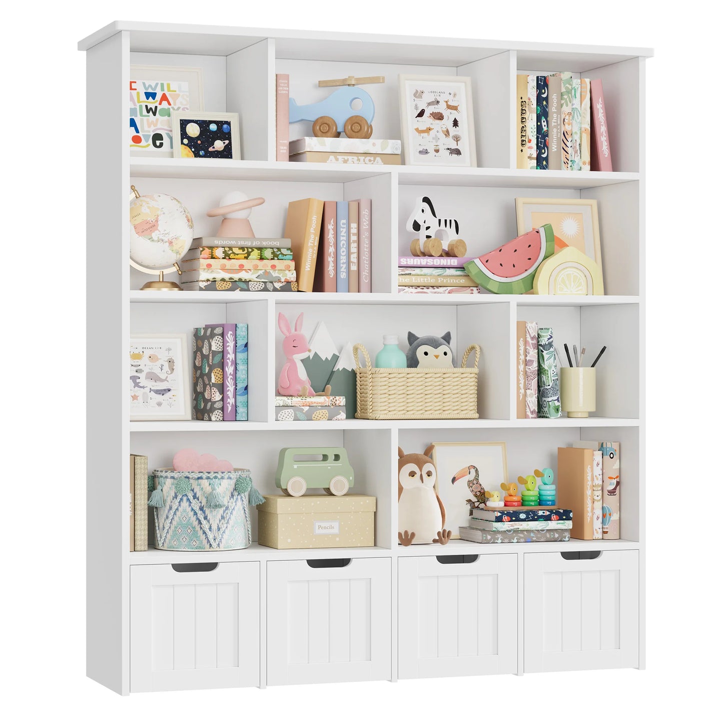 Getone Kids Toy Storage Unit Childrens Bookcase with 4 roller drawers 11 shelves Toy Organiser Kids Bookshelf for Nursery Playroom 125.5x33x146 cm White/ Pink