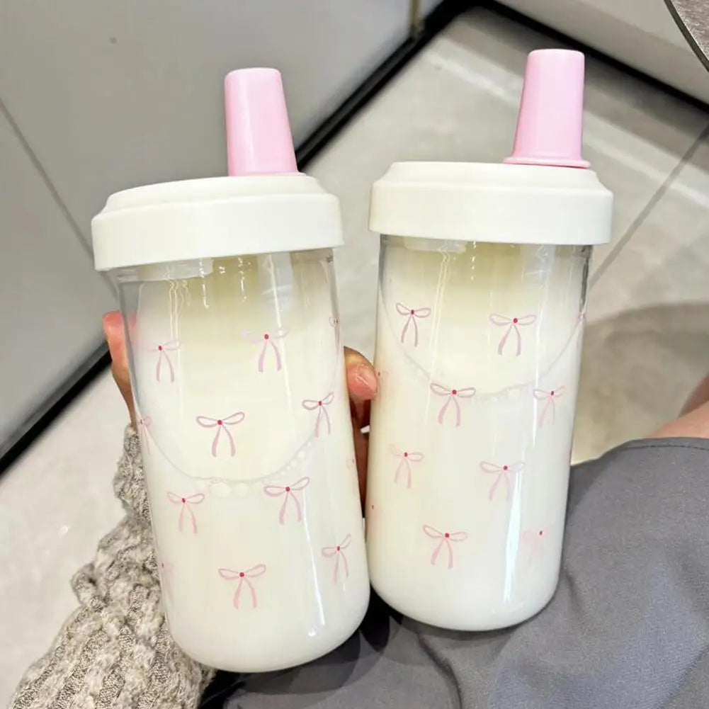Pink Bow Tumbler Transparent Straw Water Cup Cute Portable Water Bottle For Outdoor School Drinking Water Bottles ﻿