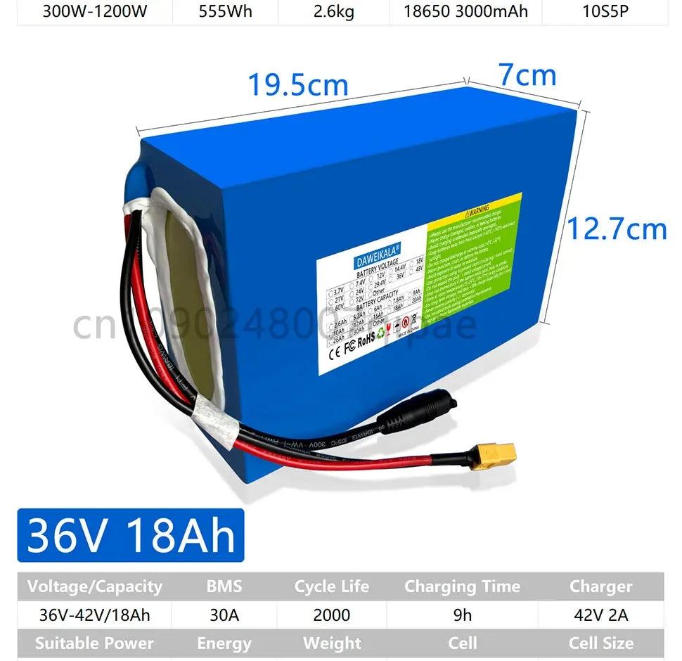36V 18AH 15AH 12AH 9AH Rechargeable Lithium Battery Pack 100-1300W Electric Motorcycle Scooter Bicycle with BMS Battery Pack