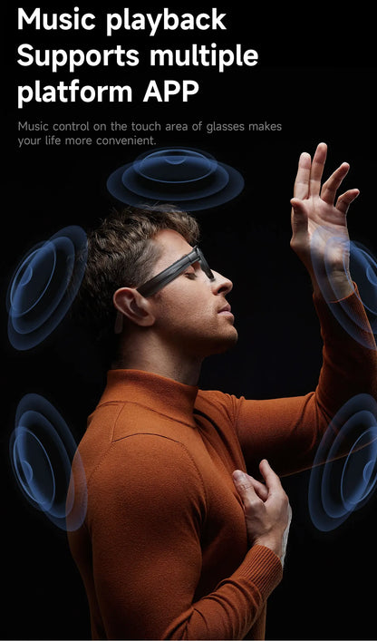 Lunettes intelligentes avec caméra HD 8Mpx, vidéo HD 1200p anti-tremblement, assistant vocal intelligent IA, traduction en temps réel et reconnaissance d'objets.