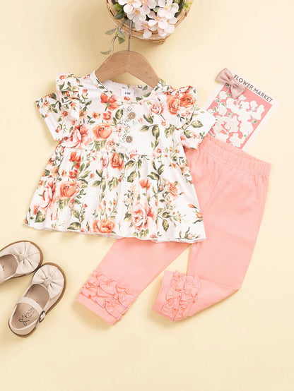 Top Rated Trending Baby Girl (0-4Y) Floral Print Ruffle Top & Lace Trim Pants 2pc Set: Soft Breathable Cotton, Skin-Friendly