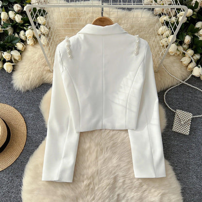 Chic Notched Basics Long Sleeve Elegant Embroidered Bead Butterfly Loose Coat French Streetwear High Street Autumn Winter Top