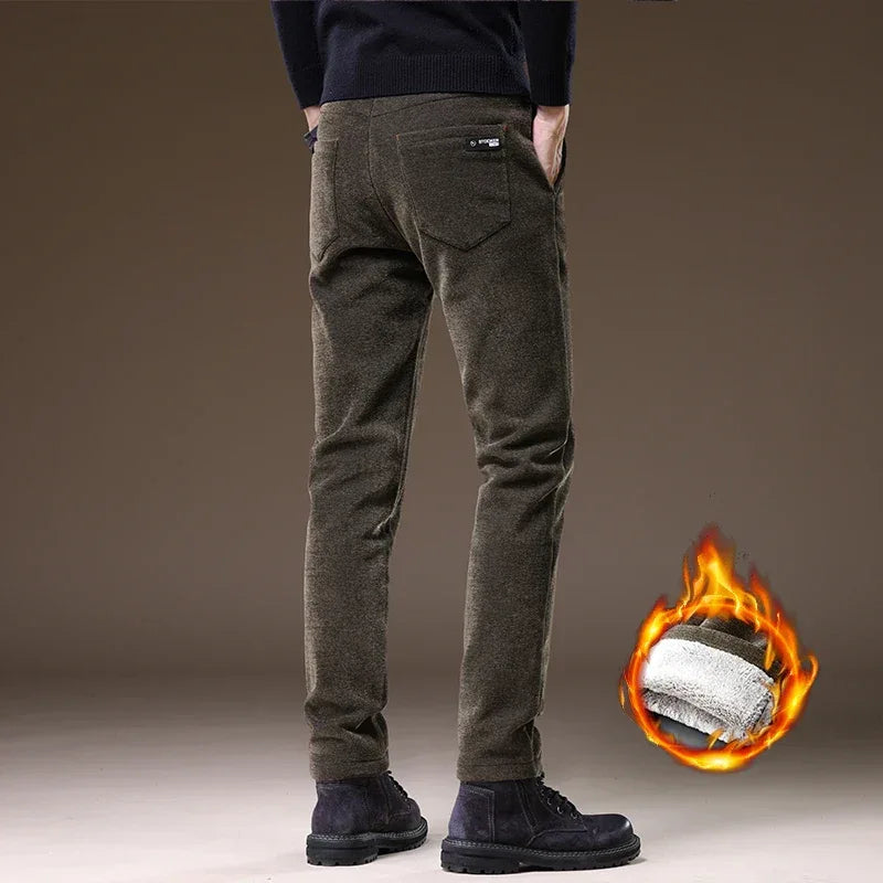 Casual Pants Men Winter New Fleece Business Elastic Waist Slim Korean Warm Thick Brushed Plush Trousers Male 28-38