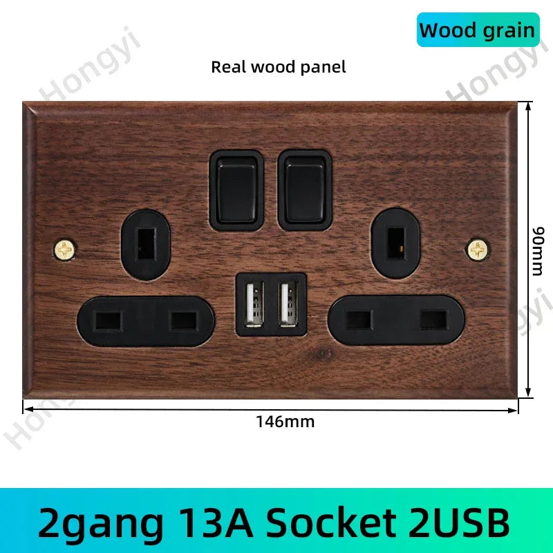 Black walnut retro European retro wall lamp switch socket, solid wood brass toggle switch board 1-4Gang 2Way antique home switch