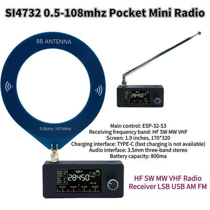 SI4732 0.5-108mhz Portable Radio LSB USB AM FM Pocket Mini Radio 1.9inch IPS Screen All Band Radio Receiver HF SW MW VHF Radio