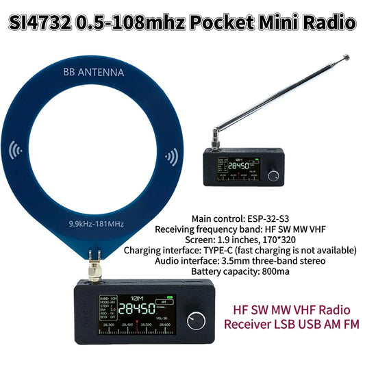 SI4732 0.5-108mhz Portable Radio LSB USB AM FM Pocket Mini Radio 1.9inch IPS Screen All Band Radio Receiver HF SW MW VHF Radio