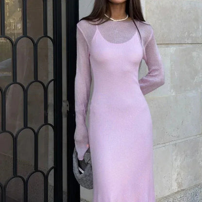 Spring Autumn O-Neck Elastic Knit Long Dresses Women 2024 Elegant Chic Soft Lady Hollowing Sweater Dresses Femme New