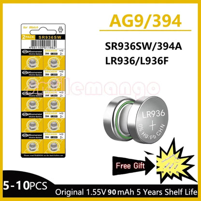 5-10PCS 1.55V AG9 50mAh Button Cell LR936 394 SR936SW CX194 LR45  G9A 194 394A SR936 L936F Cell Coin Watch Toys Remote Battery