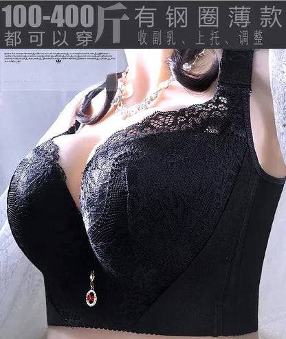 Plus Size Push Up Bra Sexy Lace Underwire - Full Coverage Lingerie for Curvy Women, Wide Side Wings & Thin Cup Support Big Bust