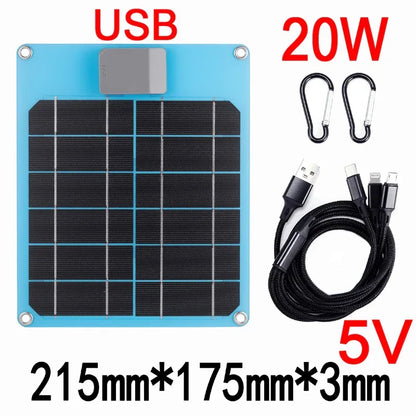 Solar Panel 20W-100W USB Type-C Waterproof Outdoor Hiking Camping Portable Battery Mobile Phone Charging Bank Charging Panel 5V