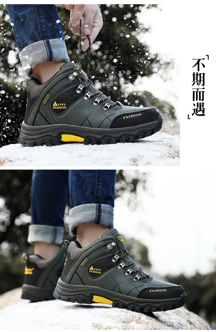 Brand Men Winter Snow Boots Waterproof Leather Sneakers Super Warm Men's Boots Outdoor Male Hiking Boots Work Shoes Size 39-47