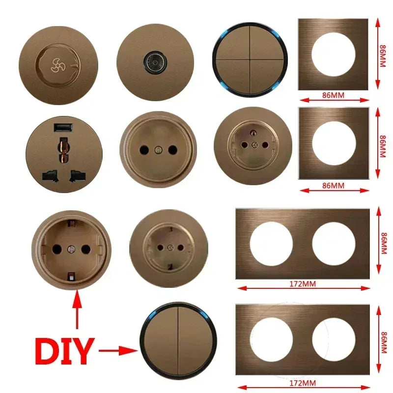 High quality coffee color universal Retro Eu FR 220V wall light switch,Reset button switch electrical socket with LED indicator