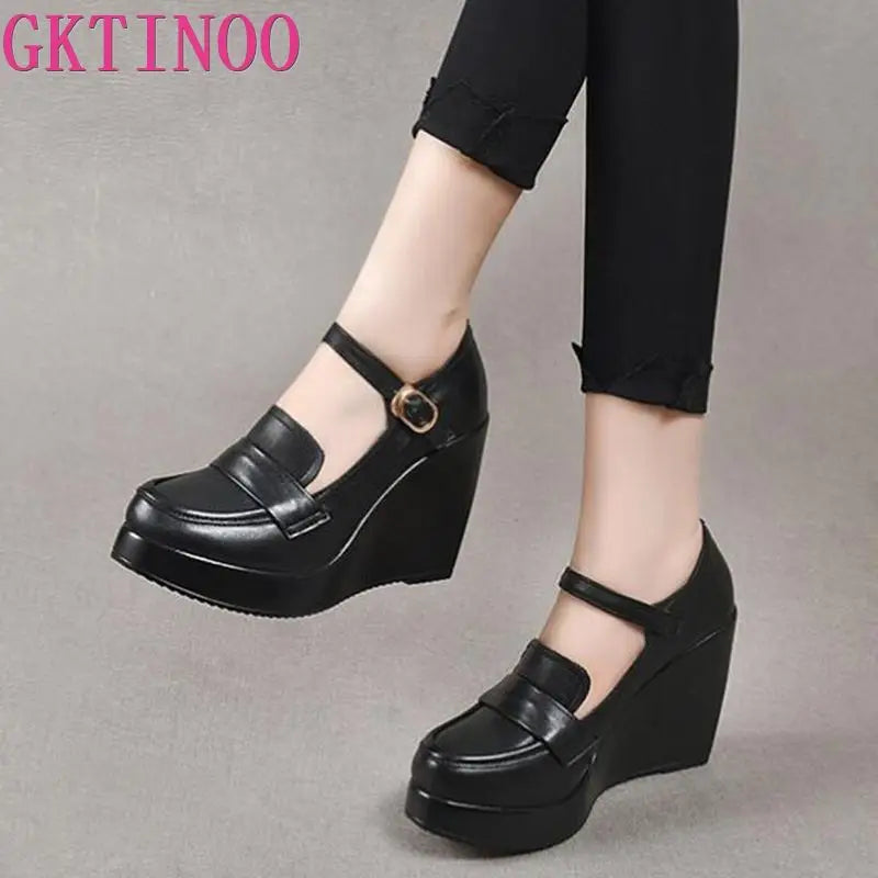 GKTINOO 2025 Wedges Women Shoe Spring Autumn Slip-On High Heels Round Toe Genuine Leather Casual Ladies Platform Shoes Woman