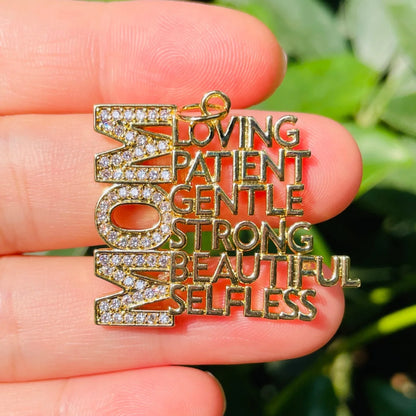 5pcs Micro Paved Mom Is Loving Strong... Word Charm Letter Pendant for Mother's Day Gift Women Bracelet Necklace Jewelry Making