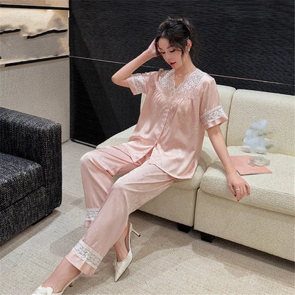 Pajamas Sets for Women Sexy Lace V-Neck Satin Patchwork Pijama Sets Sleepwear Female Ice Silk Pyjamas Home Clothing